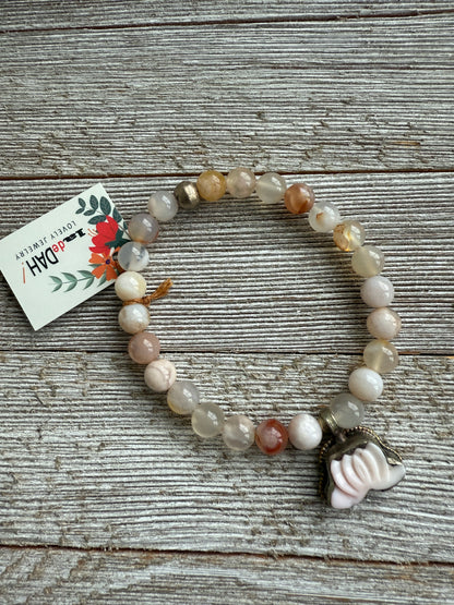 Carved tibetan Peruvian Opal lotus flower on cherry blossom agates stretch bracelet. 7-7.5”