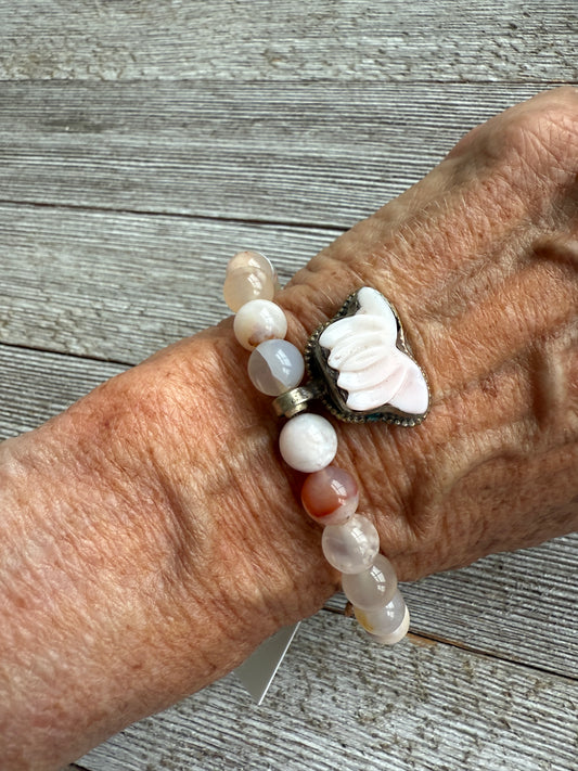 Carved tibetan Peruvian Opal lotus flower on cherry blossom agates stretch bracelet. 7-7.5”