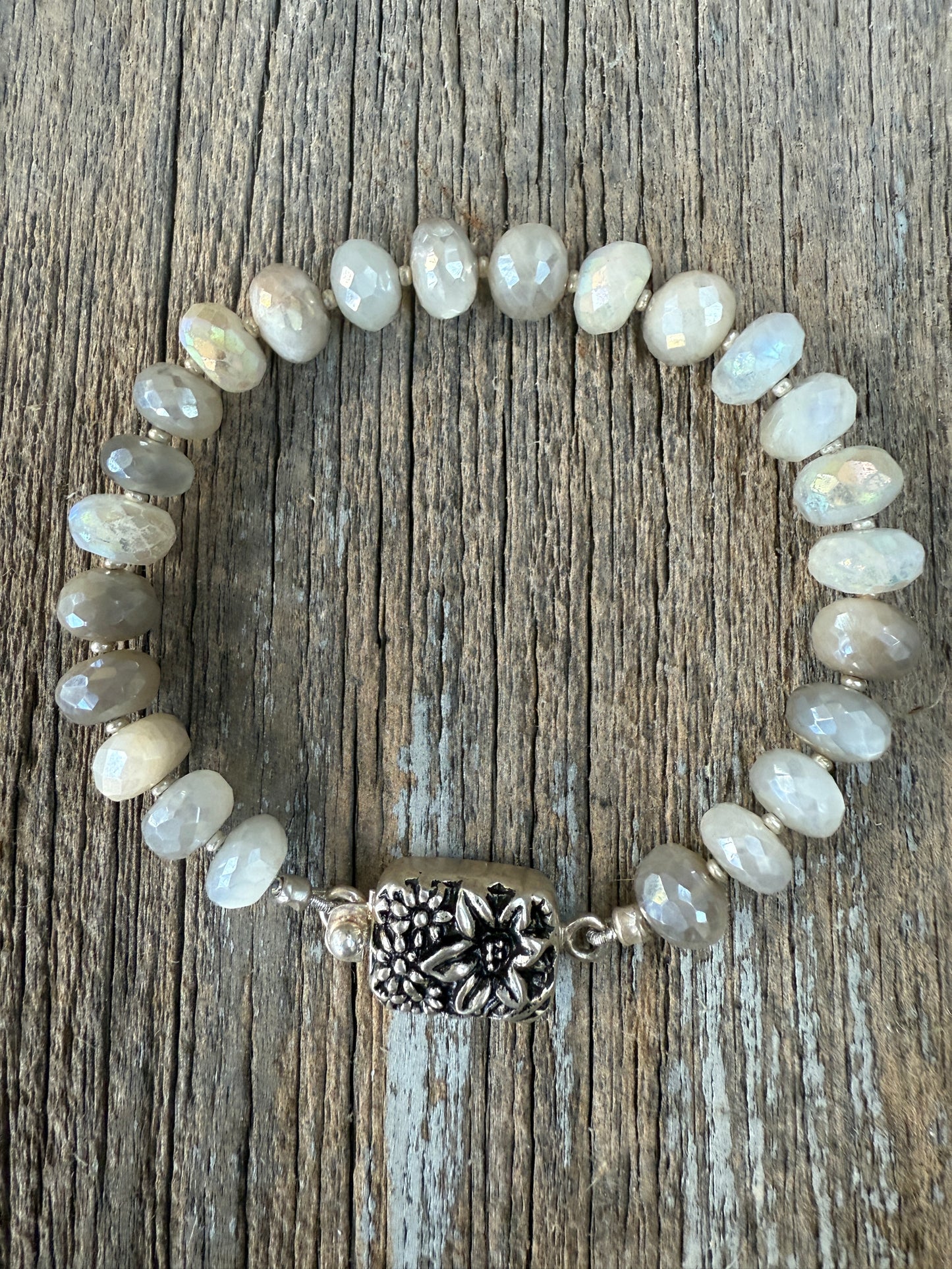 Moonstone bracelet with flower box clasp. 7”.