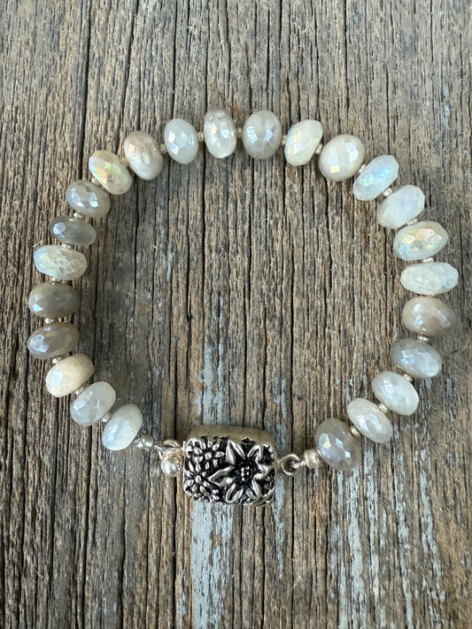 Moonstone bracelet with flower box clasp. 7”.