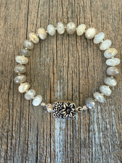 Moonstone bracelet with flower box clasp. 7”.