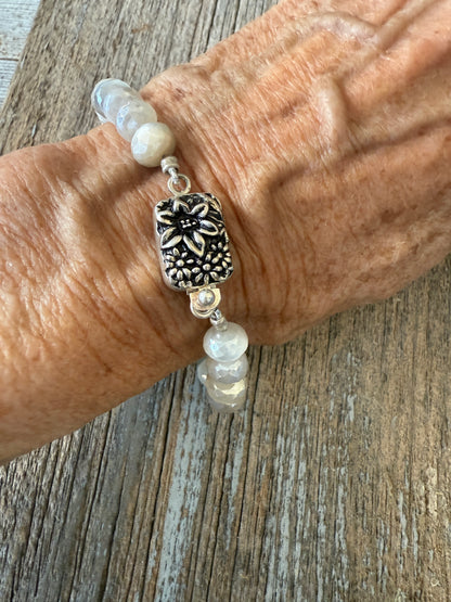 Moonstone bracelet with flower box clasp. 7”.