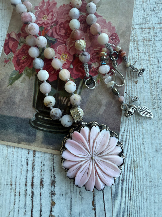 Pink Opal Daisy pendant on Peruvian Opal beads long necklace. 36”