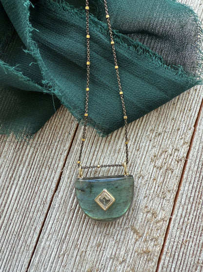 Labradorite half moon pendant with topaz on vermeil and sterling chain. 15.25-16.75”.