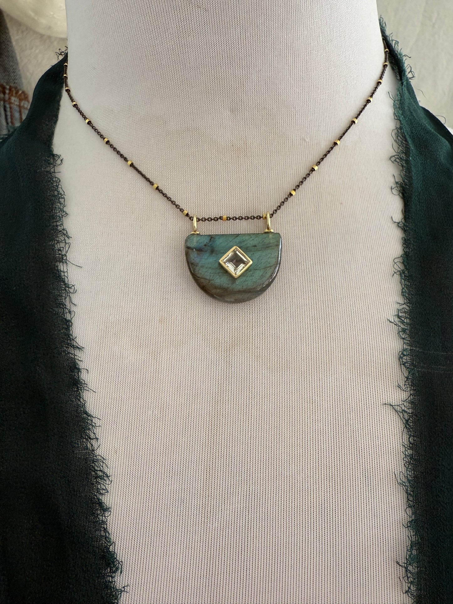 Labradorite half moon pendant with topaz on vermeil and sterling chain. 15.25-16.75”.