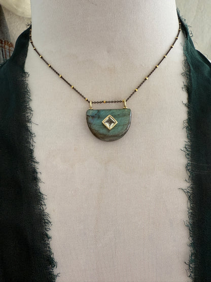 Labradorite half moon pendant with topaz on vermeil and sterling chain. 15.25-16.75”.