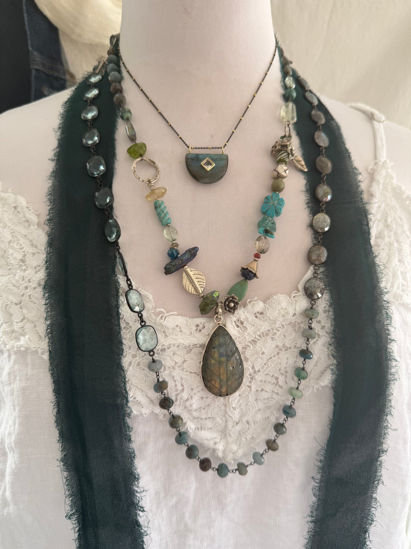 Labradorite half moon pendant with topaz on vermeil and sterling chain. 15.25-16.75”.