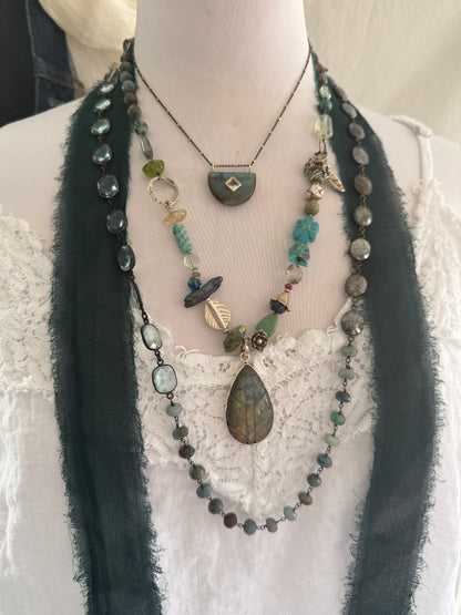 Labradorite half moon pendant with topaz on vermeil and sterling chain. 15.25-16.75”.