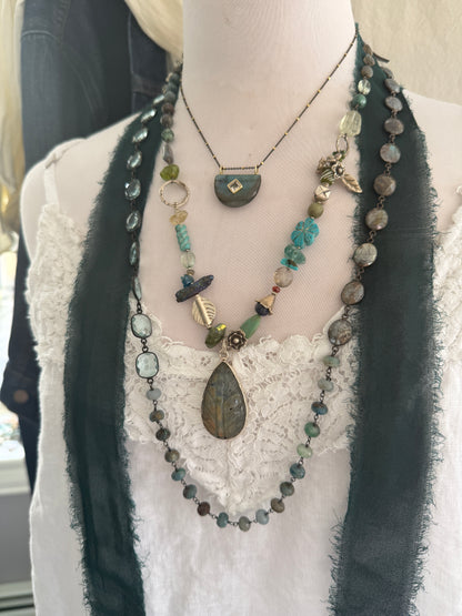 Labradorite half moon pendant with topaz on vermeil and sterling chain. 15.25-16.75”.