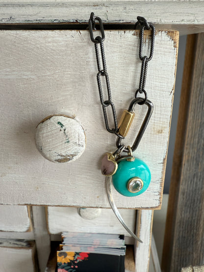 Rhodium sterling paperclip chain and carabiner clasp with turquoise and topaz, heart, and moon charms necklace.