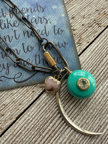 Rhodium sterling paperclip chain and carabiner clasp with turquoise and topaz, heart, and moon charms necklace.
