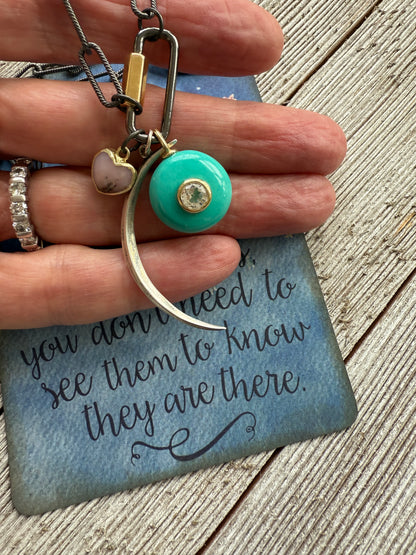 Rhodium sterling paperclip chain and carabiner clasp with turquoise and topaz, heart, and moon charms necklace.