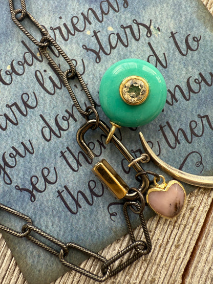 Rhodium sterling paperclip chain and carabiner clasp with turquoise and topaz, heart, and moon charms necklace.