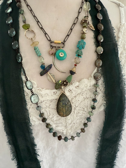 Rhodium sterling paperclip chain and carabiner clasp with turquoise and topaz, heart, and moon charms necklace.