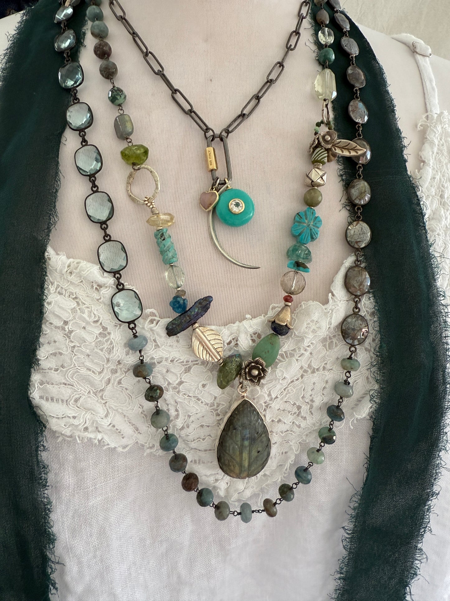 Rhodium sterling paperclip chain and carabiner clasp with turquoise and topaz, heart, and moon charms necklace.