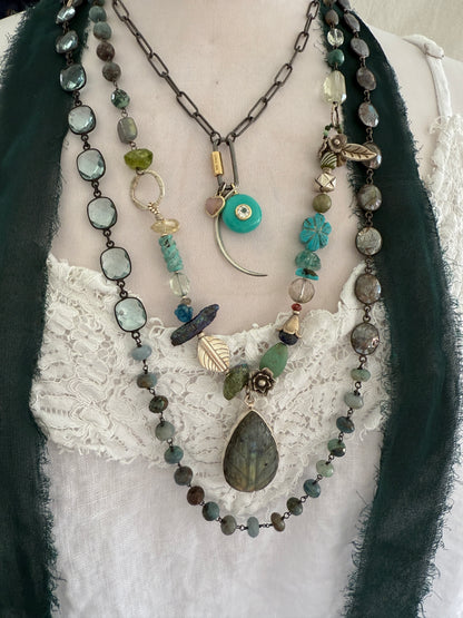 Rhodium sterling paperclip chain and carabiner clasp with turquoise and topaz, heart, and moon charms necklace.