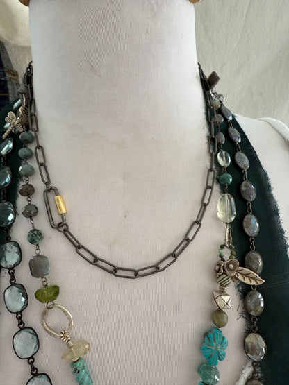 Rhodium sterling paperclip chain and carabiner clasp with turquoise and topaz, heart, and moon charms necklace.