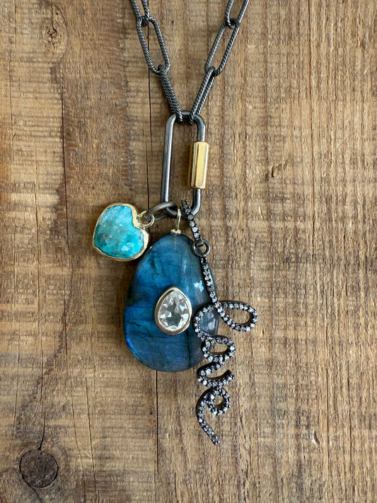 Labradorite, diamond “love”, and turquoise charm on sterling paperclip chain necklace.