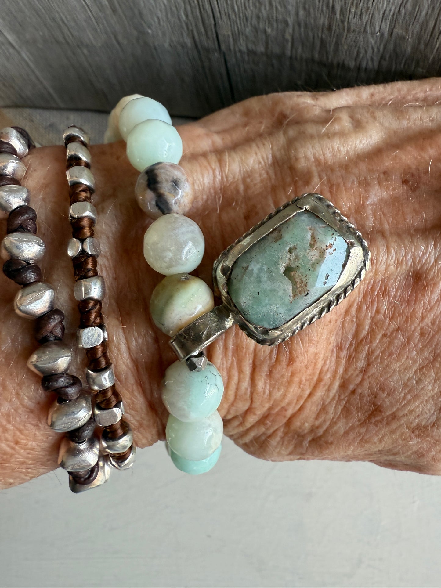 Faceted Amazonite beads with an Amazonite dangle stack bracelet. 6.5”
