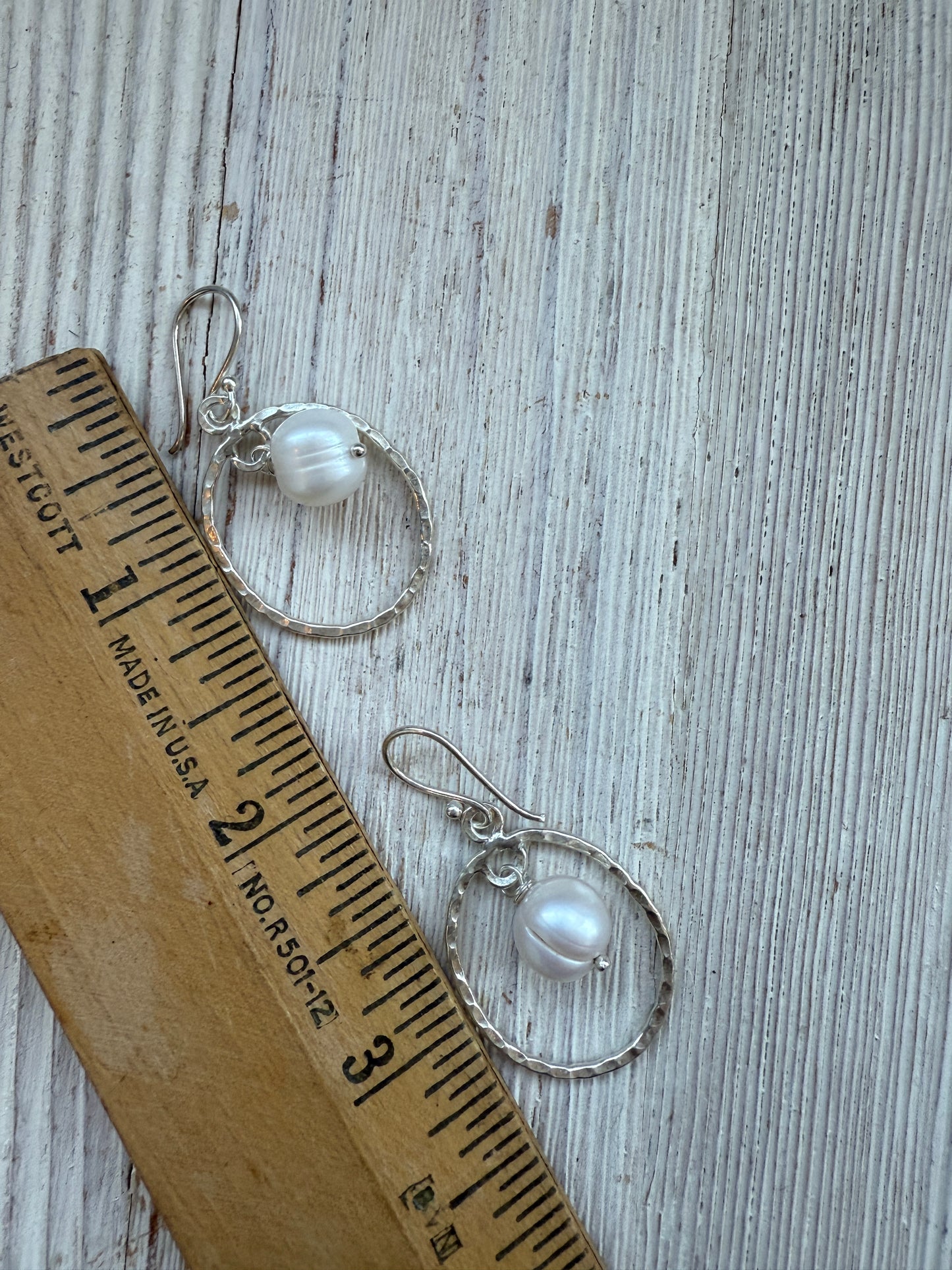 Handmade hammered fine silver hoops with pearl dangles earrings.