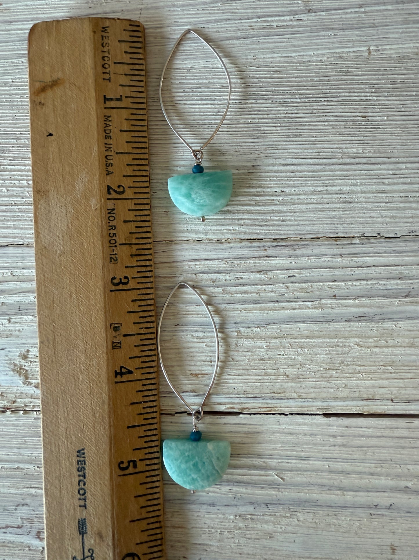 Amazonite half moon drop earrings with apatite.
