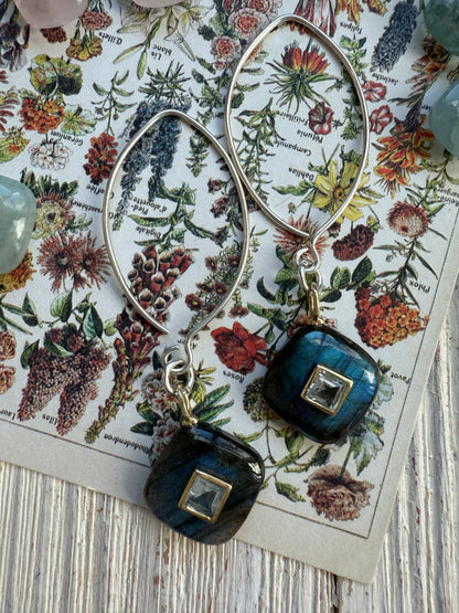 Labradorite with blue topaz earrings on sterling ear wires.