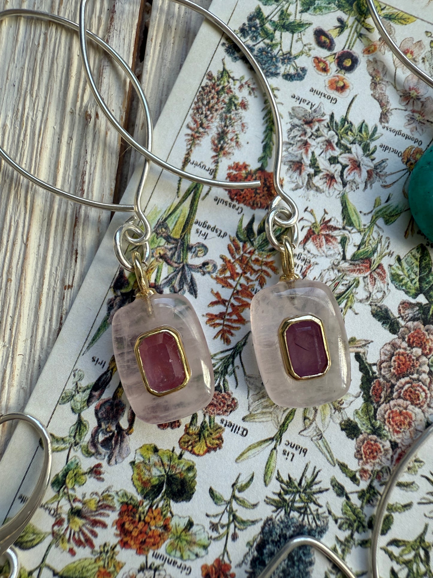 Rose quartz with pink topaz inlay on sterling earrings.