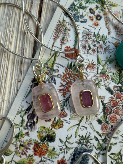 Rose quartz with pink topaz inlay on sterling earrings.