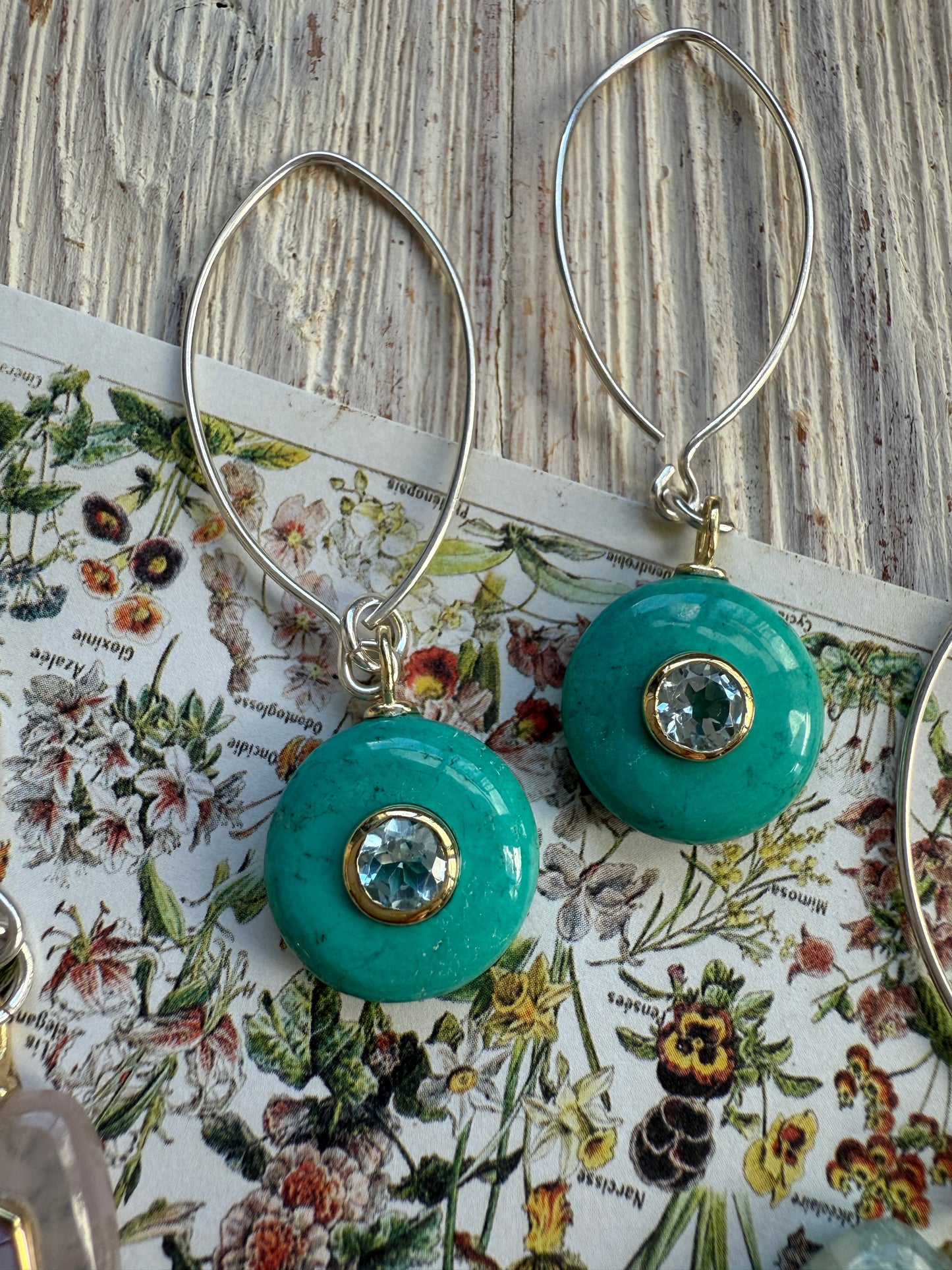 Turquoise with blue topaz inlay on sterling earrings.