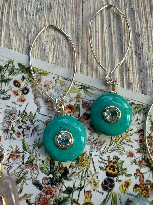 Turquoise with blue topaz inlay on sterling earrings.