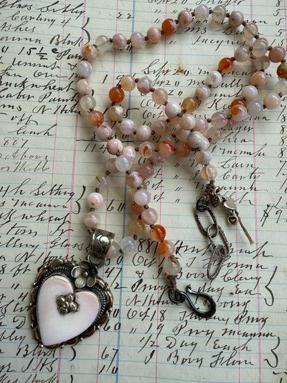 Cherry blossom agates hand knotted necklace with Peruvian Opal Tibetan heart pendant. 32.5-35.5”.