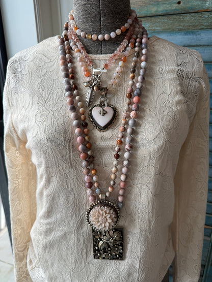 Cherry blossom agates hand knotted necklace with Peruvian Opal Tibetan heart pendant. 32.5-35.5”.