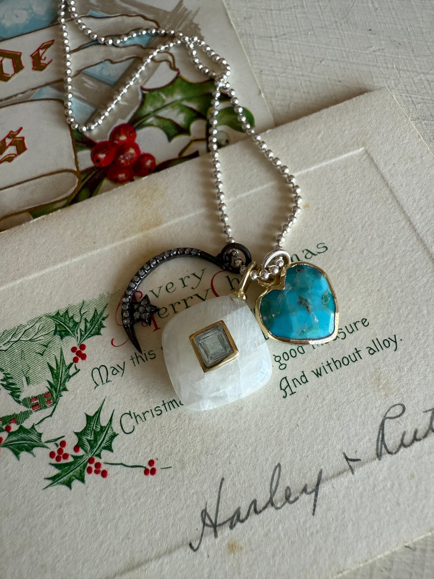 Moonstone with blue topaz, diamond moon and star, and turquoise heart on sterling ball chain short necklace. 18”