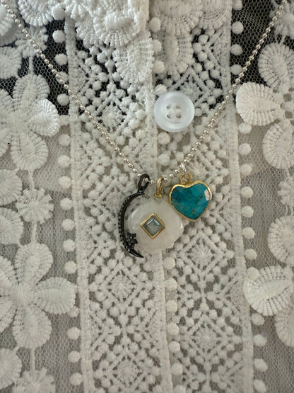 Moonstone with blue topaz, diamond moon and star, and turquoise heart on sterling ball chain short necklace. 18”