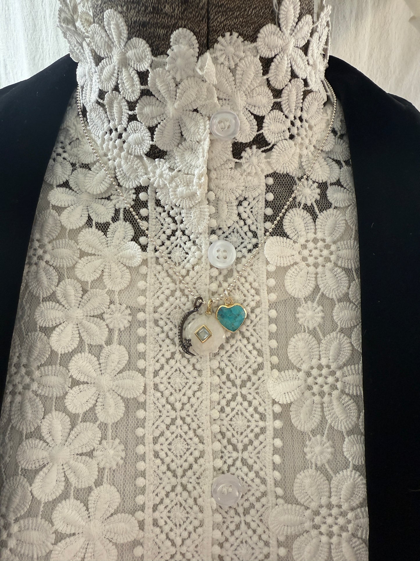 Moonstone with blue topaz, diamond moon and star, and turquoise heart on sterling ball chain short necklace. 18”