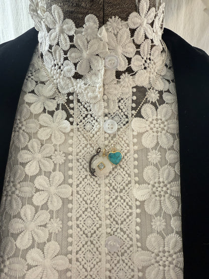Moonstone with blue topaz, diamond moon and star, and turquoise heart on sterling ball chain short necklace. 18”