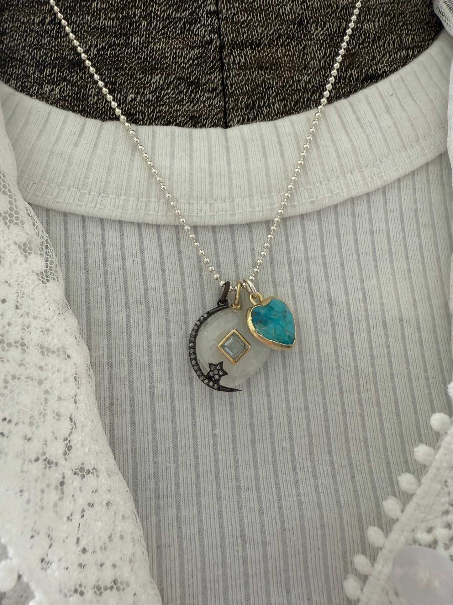 Moonstone with blue topaz, diamond moon and star, and turquoise heart on sterling ball chain short necklace. 18”