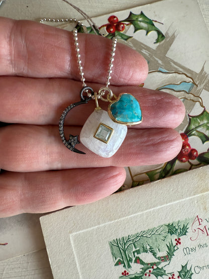 Moonstone with blue topaz, diamond moon and star, and turquoise heart on sterling ball chain short necklace. 18”
