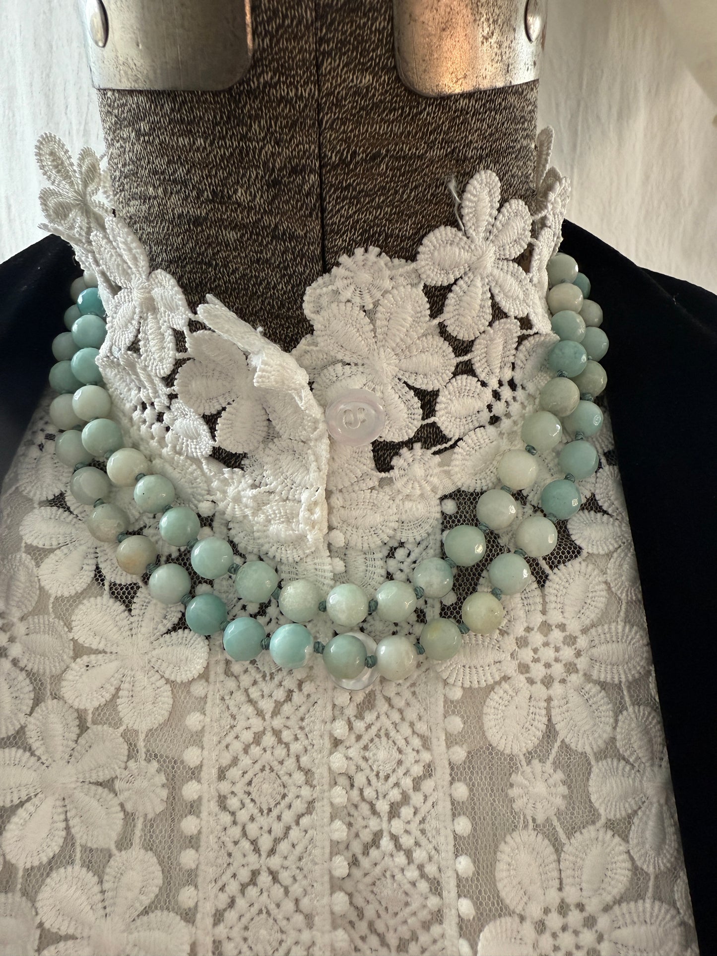 Tibetan amazonite crescent moon on knotted amazonite beads. 34”