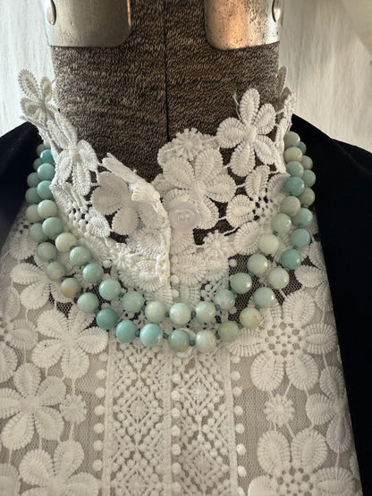 Tibetan amazonite crescent moon on knotted amazonite beads. 34”