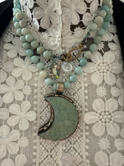 Tibetan amazonite crescent moon on knotted amazonite beads. 34”