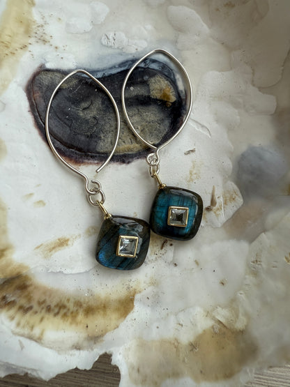 Labradorite with blue topaz earrings on sterling ear wires.