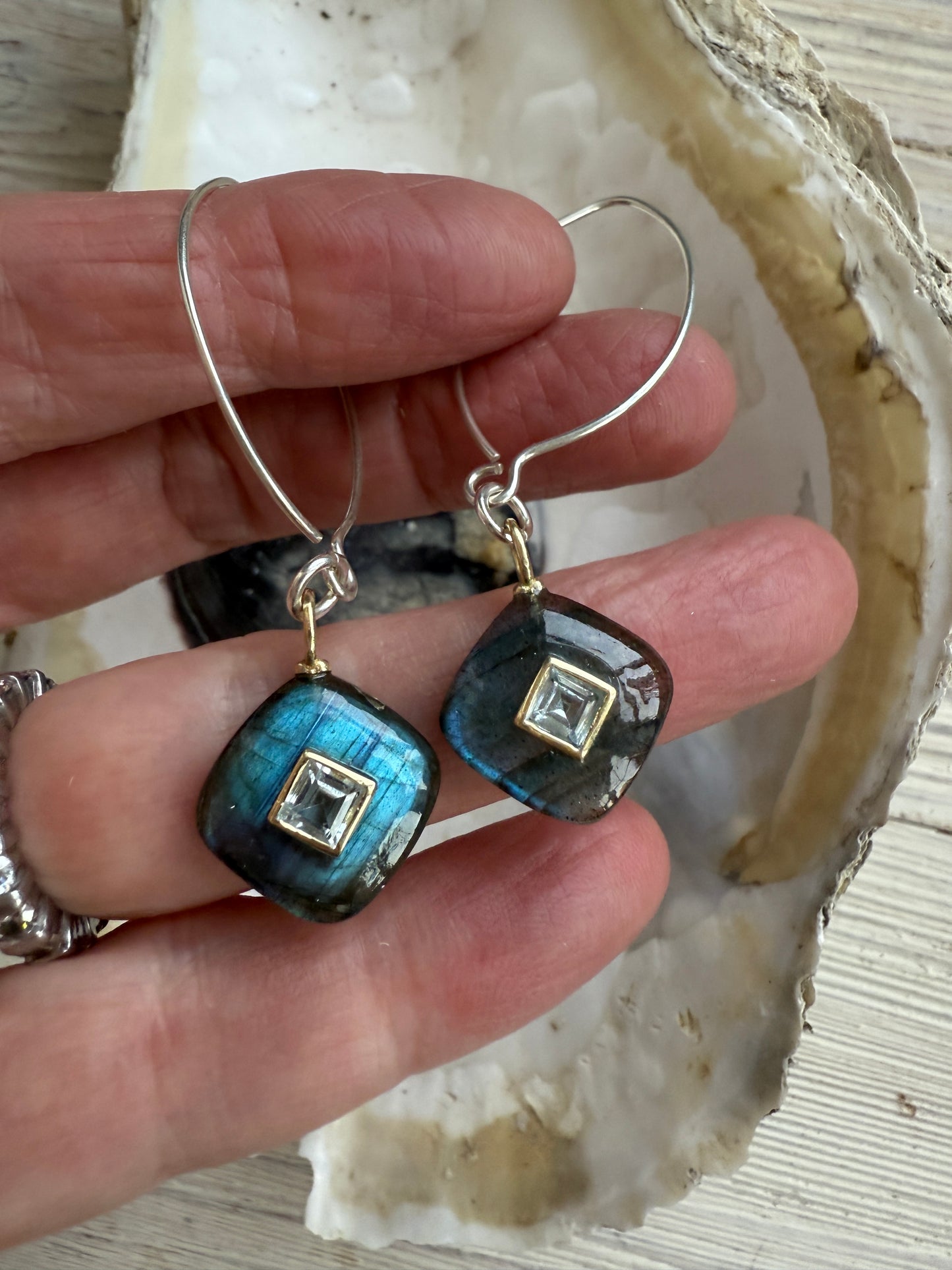 Labradorite with blue topaz earrings on sterling ear wires.