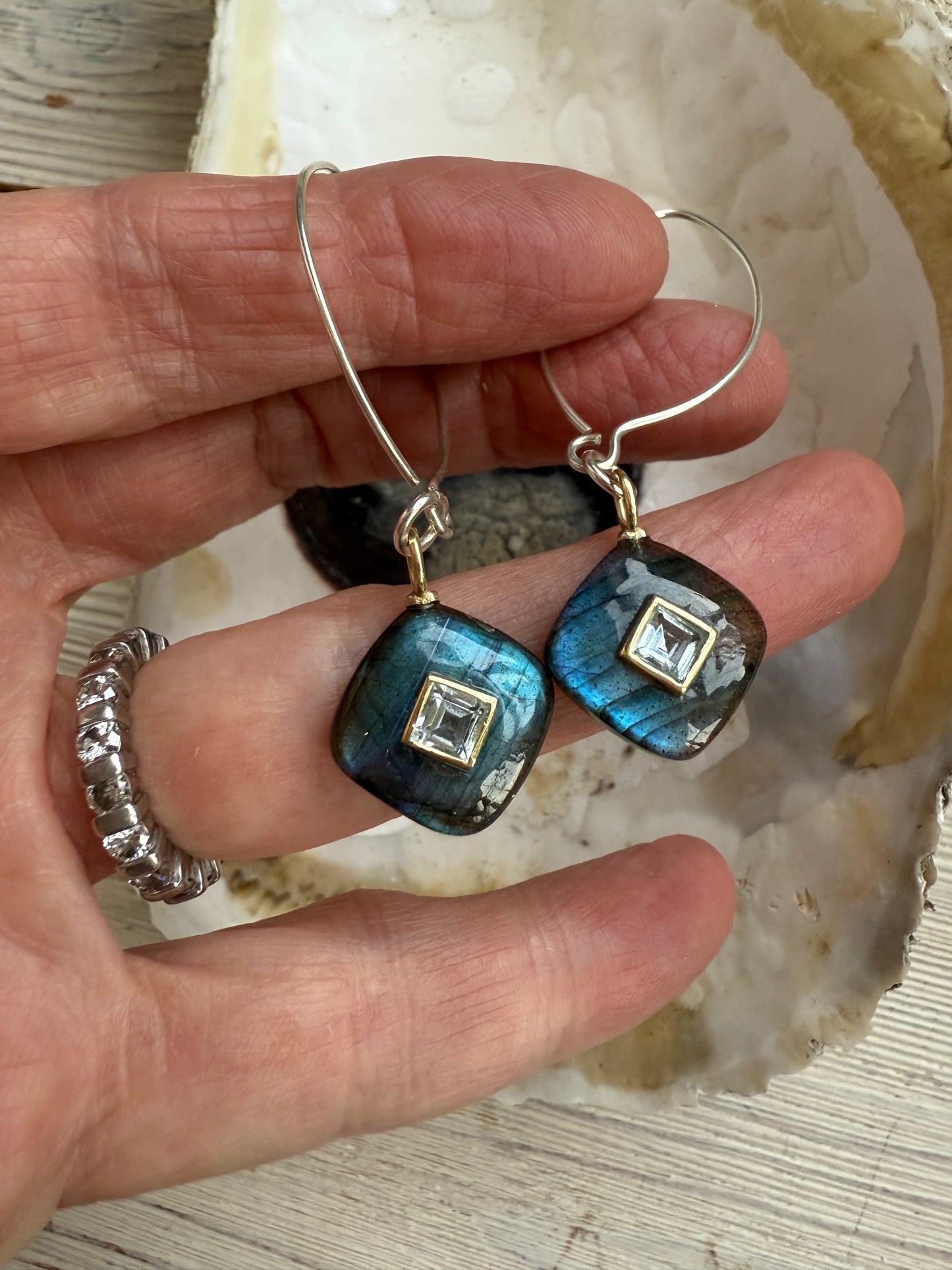 Labradorite with blue topaz earrings on sterling ear wires.