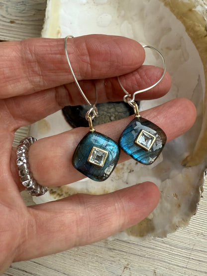 Labradorite with blue topaz earrings on sterling ear wires.
