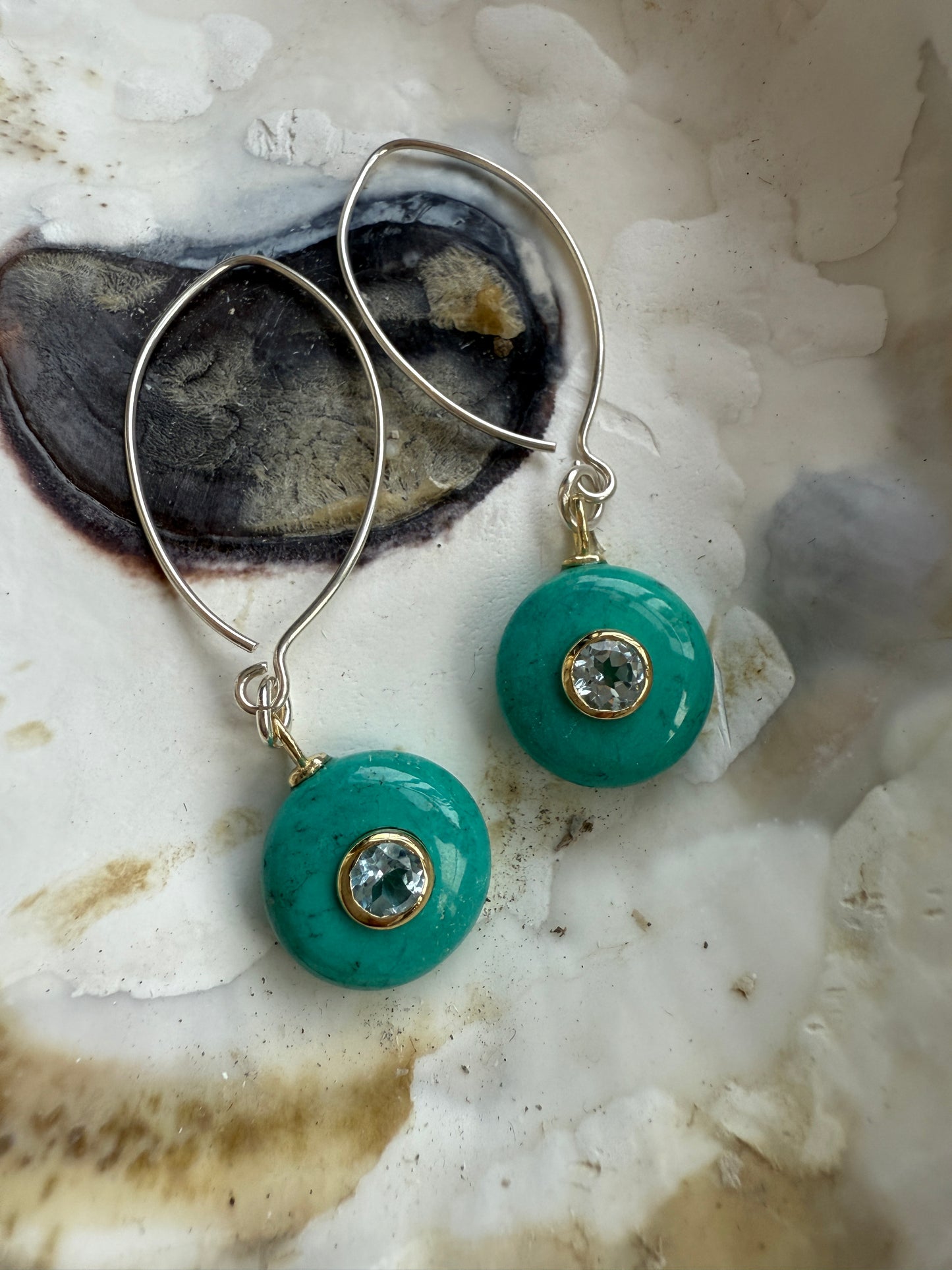 Turquoise with blue topaz inlay on sterling earrings.