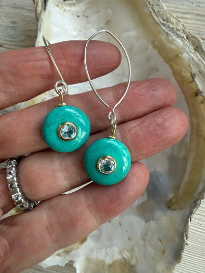 Turquoise with blue topaz inlay on sterling earrings.