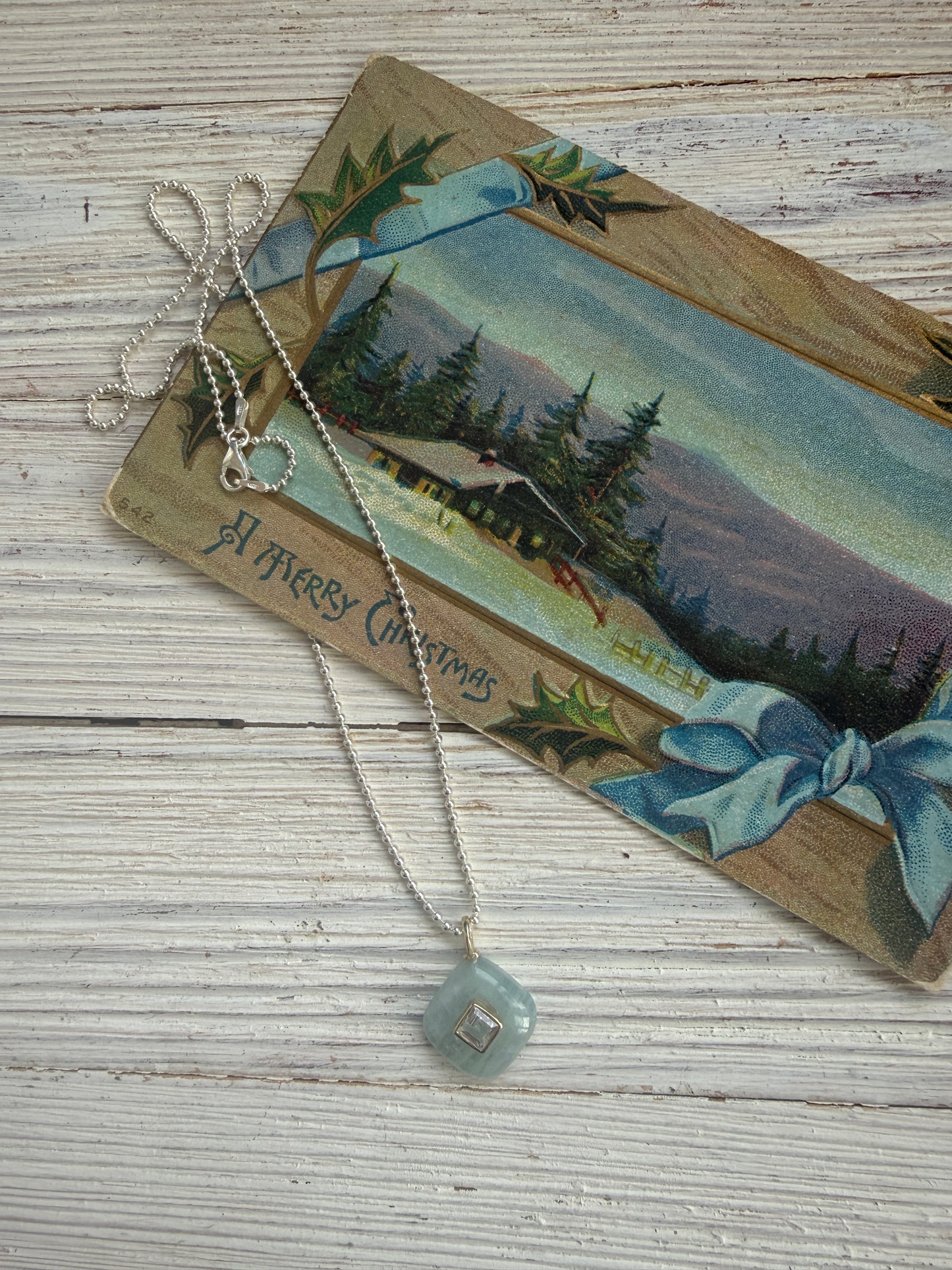 Aquamarine with topaz pendant on sterling ball chain necklace. 18”