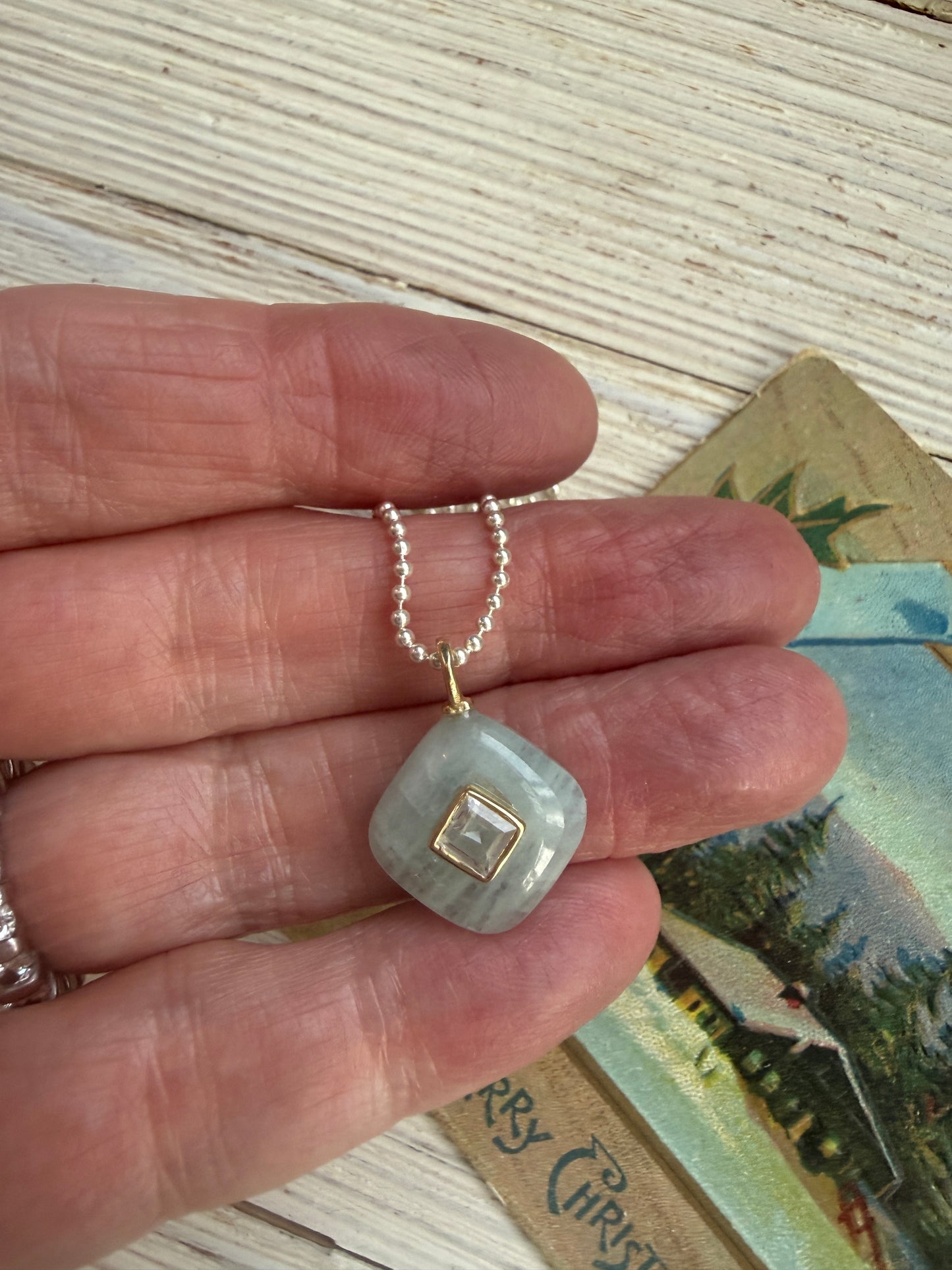 Aquamarine with topaz pendant on sterling ball chain necklace. 18”