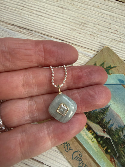 Aquamarine with topaz pendant on sterling ball chain necklace. 18”